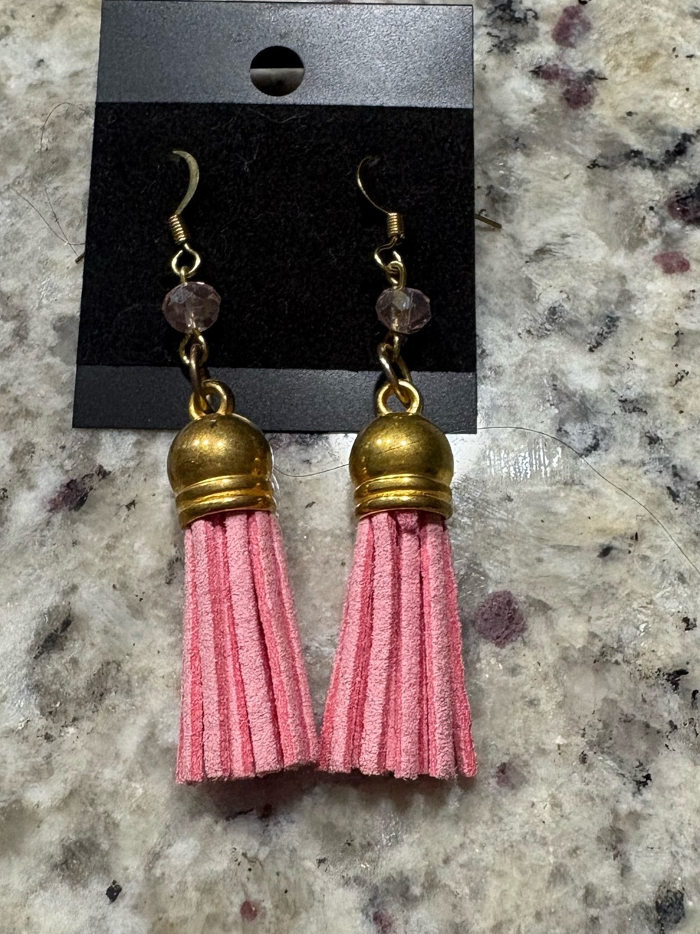 Faux suede and pink bead dangle earrings Handmade New on card